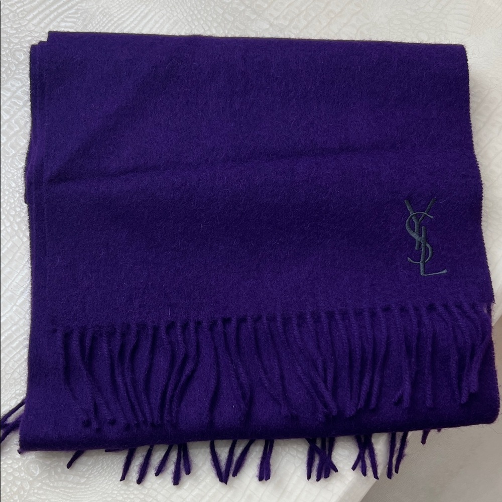 Yves Saint Laurent Deep Purple Fringed Scarf
65x12.5in
